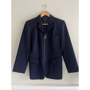 Sicily Navy Blue 100% Wool Blazer Womens Small Zip Front Tailored Jacket Quiet